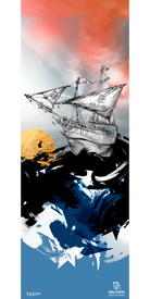 Bring a sense of adventure to your space with the 17/18 Nomad 105 Lite Fine Art Print from Icelantic. This captivating artwork features a stylized illustration of a wooden sailing ship braving ocean waves, set against dramatic clouds and an orange sun. The sails display "ICELANTIC," while bold, abstract black and blue brushstrokes energize the foreground. Available as giclee art prints or wrapped canvas, this piece offers a striking fine art display for any room.