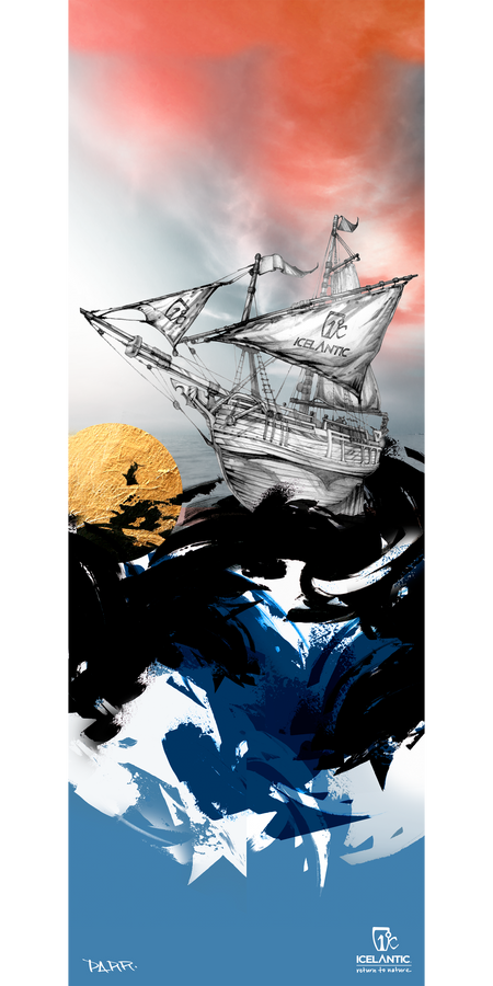 Bring a sense of adventure to your space with the 17/18 Nomad 105 Lite Fine Art Print from Icelantic. This captivating artwork features a stylized illustration of a wooden sailing ship braving ocean waves, set against dramatic clouds and an orange sun. The sails display "ICELANTIC," while bold, abstract black and blue brushstrokes energize the foreground. Available as giclee art prints or wrapped canvas, this piece offers a striking fine art display for any room.