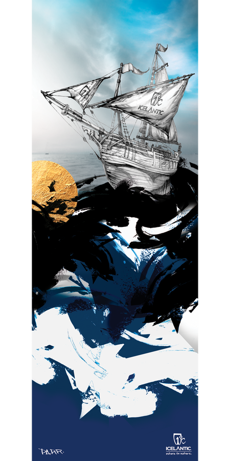 A stylized illustration of a wooden sailing ship featuring Icelantic branding glides over abstract blue and black waves beneath a radiant sky, with a gleaming golden sun on the left. The 17/18 Nomad 105 Fine Art Print is available as museum-quality fine art prints or on wrapped canvas, infusing vibrant color and timeless charm into any space.