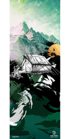 Experience the striking artistry of the Icelantic 17/18 Nomad 115 Fine Art Print—a surreal scene featuring a white tent perched on dark terrain, set against jagged mountains and a vivid green sky. Golden sunlight and abstract forms enrich this winter adventure landscape, making it a perfect choice for fine art prints or wrapped canvas giclee print displays.