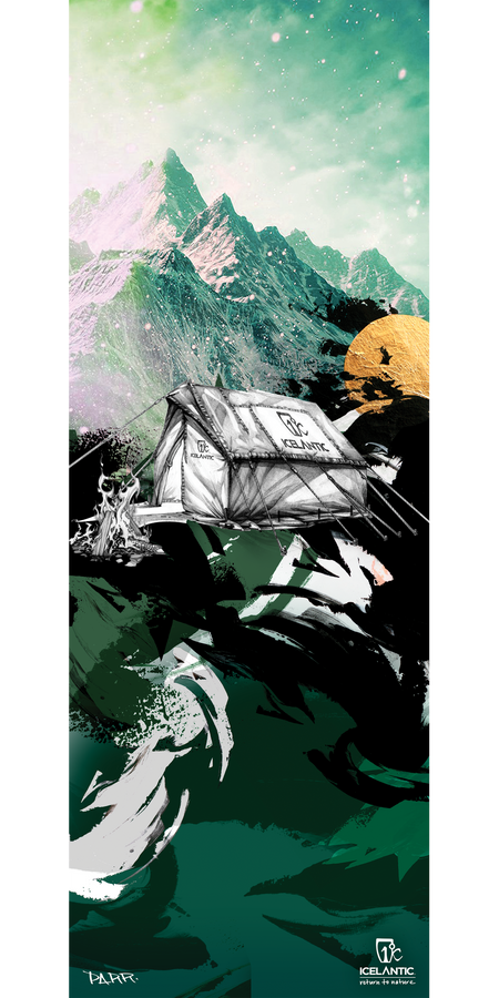 Experience the striking artistry of the Icelantic 17/18 Nomad 115 Fine Art Print—a surreal scene featuring a white tent perched on dark terrain, set against jagged mountains and a vivid green sky. Golden sunlight and abstract forms enrich this winter adventure landscape, making it a perfect choice for fine art prints or wrapped canvas giclee print displays.