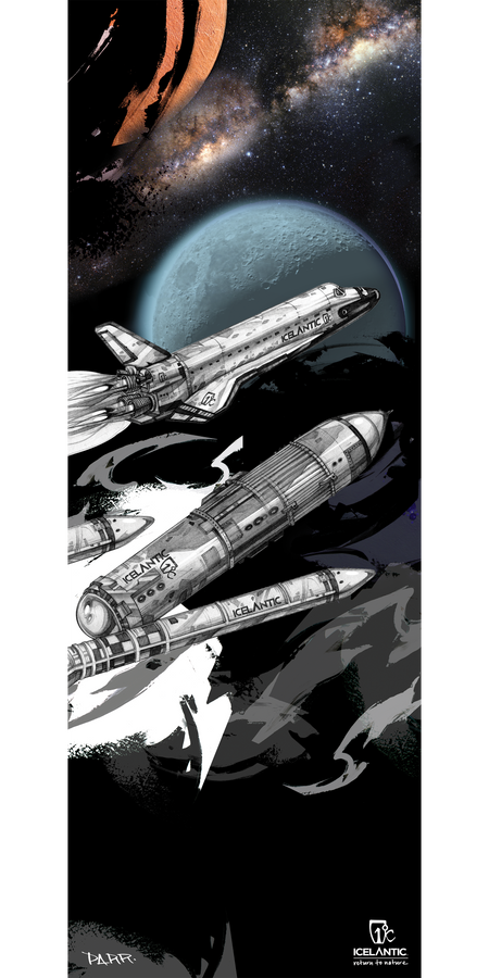 Two space shuttles soar above abstract dark clouds, with Earth, a distant red planet, and the Milky Way galaxy in the background. This cosmic scene is beautifully captured as a giclee print on wrapped canvas, highlighting every detail with vivid color and clarity. The Icelantic logo and artist signature are featured at the bottom, adding authenticity to these striking 17/18 Nomad 125 Fine Art Prints from Icelantic.