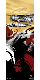 An eye-catching scene from the 17/18 Nomad 95 Fine Art Print by Icelantic features a vintage seaplane soaring above bold, abstract red, white, and black shapes set against a golden sky. The Icelandic Mountain Guides and Icelantic logos appear near the bottom of the artwork. Available as a wrapped canvas or fine art print, this piece is perfect for bringing vibrant energy to any space.