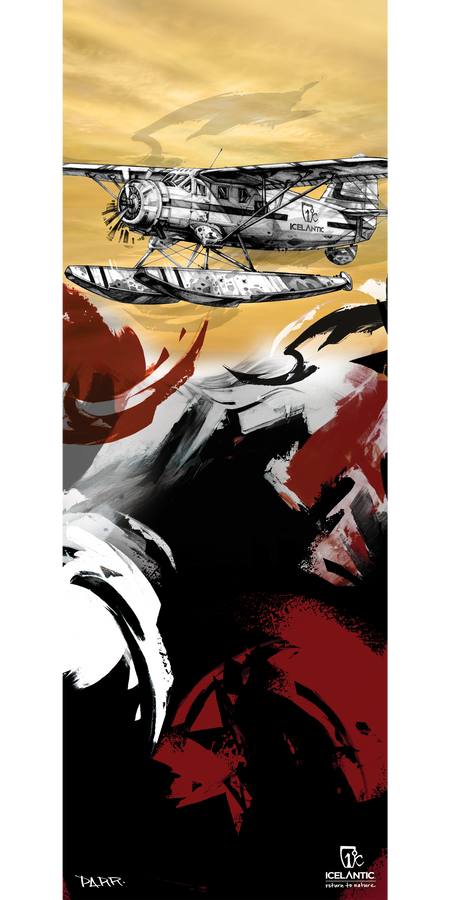 An eye-catching scene from the 17/18 Nomad 95 Fine Art Print by Icelantic features a vintage seaplane soaring above bold, abstract red, white, and black shapes set against a golden sky. The Icelandic Mountain Guides and Icelantic logos appear near the bottom of the artwork. Available as a wrapped canvas or fine art print, this piece is perfect for bringing vibrant energy to any space.