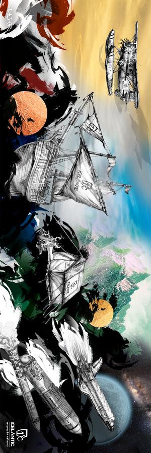 Fantasy ships, distant planets, and a futuristic spacecraft soar through swirling clouds and vibrant skies, merging sea and space in a surreal landscape—brought vividly to life in the Icelantic 17/18 Nomad Explorer Fine Art Print. This stunning giclee from Icelantic is the perfect way to infuse your walls with imaginative color and adventure.