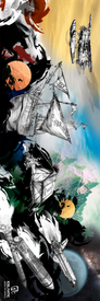 Fantasy ships, distant planets, and a futuristic spacecraft soar through swirling clouds and vibrant skies, merging sea and space in a surreal landscape—brought vividly to life in the Icelantic 17/18 Nomad Explorer Fine Art Print. This stunning giclee from Icelantic is the perfect way to infuse your walls with imaginative color and adventure.