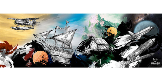 The Icelantic 17/18 Nomad Explorer Fine Art Print features a vibrant collage of a seaplane, sailing ship, tent, and rockets set among abstract landscapes and planets. Blending adventure themes of air, sea, land, and space, this dynamic artwork is available as a fine art print or as a giclee print on wrapped canvas—perfect for bringing the spirit of exploration to any space.
