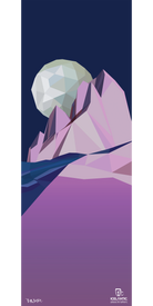 Geometric illustration of pink mountains with a faceted moon over a dark blue sky and water, available as the 17/18 Oracle 100 Fine Art Print from Icelantic, featuring the Icelantic logo at the bottom right.