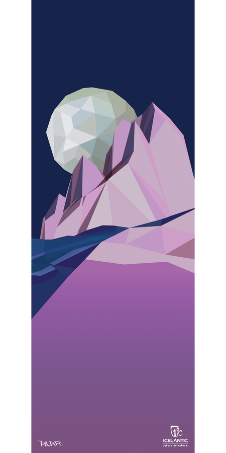 Geometric illustration of pink mountains with a faceted moon over a dark blue sky and water, available as the 17/18 Oracle 100 Fine Art Print from Icelantic, featuring the Icelantic logo at the bottom right.