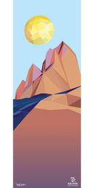 A geometric illustration featuring orange mountains by deep blue water, set beneath a faceted yellow sun in a clear blue sky. The 17/18 Oracle 88 Fine Art Print by Icelantic is available as a vibrant giclee print or premium fine art print, with logos and text displayed at the bottom.