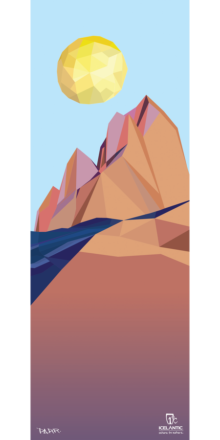 A geometric illustration featuring orange mountains by deep blue water, set beneath a faceted yellow sun in a clear blue sky. The 17/18 Oracle 88 Fine Art Print by Icelantic is available as a vibrant giclee print or premium fine art print, with logos and text displayed at the bottom.