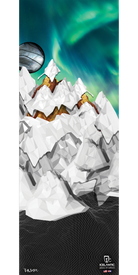 Experience the ethereal beauty of the 17/18 Pioneer 109 Fine Art Print by Icelantic. This abstract composition features jagged white mountains with gold accents set beneath a luminous green and blue aurora sky, while a silver planet floats above. The lower section incorporates a dark mesh pattern, adding modern depth to the artwork. Available as fine art or striking giclee prints, this piece brings atmospheric intrigue to any space. "Icelantic" and "Pahoe" logos are featured on the print.