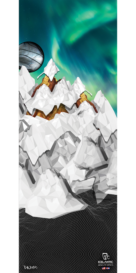 Experience the ethereal beauty of the 17/18 Pioneer 109 Fine Art Print by Icelantic. This abstract composition features jagged white mountains with gold accents set beneath a luminous green and blue aurora sky, while a silver planet floats above. The lower section incorporates a dark mesh pattern, adding modern depth to the artwork. Available as fine art or striking giclee prints, this piece brings atmospheric intrigue to any space. "Icelantic" and "Pahoe" logos are featured on the print.