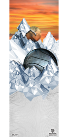 A digital artwork titled "17/18 Pioneer 96 Fine Art Print" by Icelantic features a basketball and a football embedded in snowy, polygonal mountains beneath an orange sunset sky. The ICELANTIC and FAHR logos appear at the bottom. Available as fine art prints or wrapped canvas, this striking giclee print is ideal for sports enthusiasts and art collectors alike.