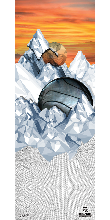 A digital artwork titled "17/18 Pioneer 96 Fine Art Print" by Icelantic features a basketball and a football embedded in snowy, polygonal mountains beneath an orange sunset sky. The ICELANTIC and FAHR logos appear at the bottom. Available as fine art prints or wrapped canvas, this striking giclee print is ideal for sports enthusiasts and art collectors alike.