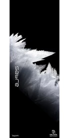 A black ski featuring sharp, white ice crystal graphics and the word SABA displayed vertically, the 17/18 Sabre 89 Fine Art Print by Icelantic showcases striking logos for both Icelantic and artist Parr—a bold design inspired by high-quality canvas art or fine art prints.