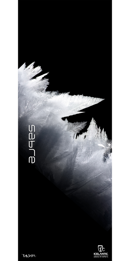 A black ski featuring sharp, white ice crystal graphics and the word SABA displayed vertically, the 17/18 Sabre 89 Fine Art Print by Icelantic showcases striking logos for both Icelantic and artist Parr—a bold design inspired by high-quality canvas art or fine art prints.