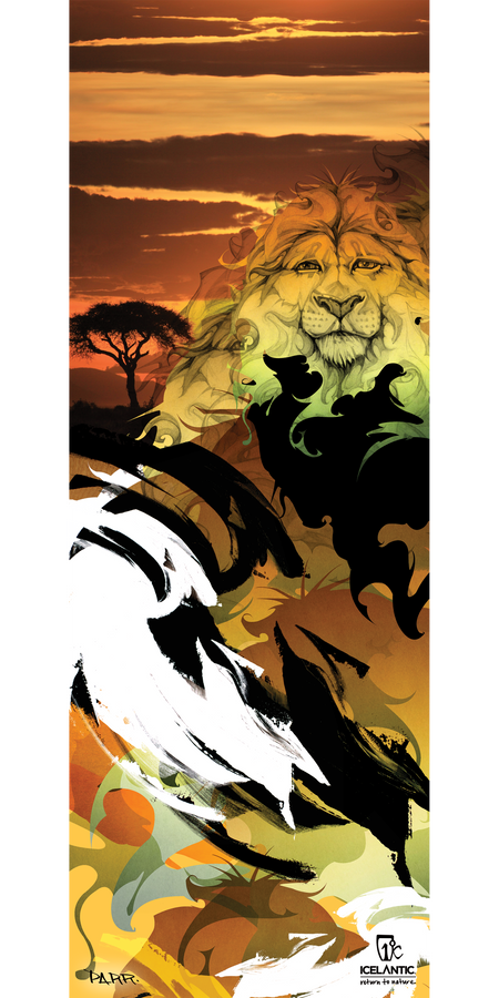 Introducing the 17/18 Scout Fine Art Print by Icelantic: this captivating digital artwork showcases a lion’s face seamlessly blended with swirling abstract shapes and animal forms, all set against an orange sunset featuring a lone tree and drifting clouds. Available as both a wrapped canvas and a fine art giclee print, the 17/18 Scout brings vibrant energy and exquisite detail to any space.