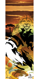 A vibrant and abstract depiction of a lion's face merges with a colorful savanna sunset, accented by bold swirling forms, a silhouetted tree, and rich warm hues—making the Icelantic 17/18 Scout Fine Art Print an eye-catching choice for display as striking giclee art or on wrapped canvas.