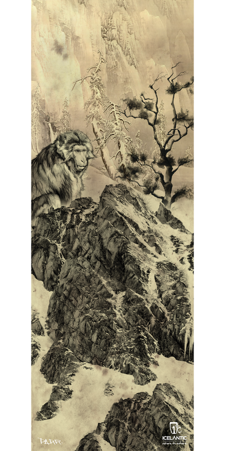 A monochrome snowy mountain scene featuring a large monkey and a rabbit facing each other near rocky cliffs, with frosty trees in the background, is beautifully rendered in the Icelantic 17/18 Vanguard 107 Fine Art Print—an ideal choice for stunning wall decor as a giclee print or wrapped canvas.