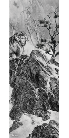 A detailed black and white depiction from Icelantic showcases a monkey perched on a rocky, snow-dusted mountain slope beside a bare tree with a misty backdrop. Perfect for fine art prints or as a giclee print on wrapped canvas, this 17/18 Vanguard 97 Fine Art Print features the Icelantic logo in the bottom right corner.