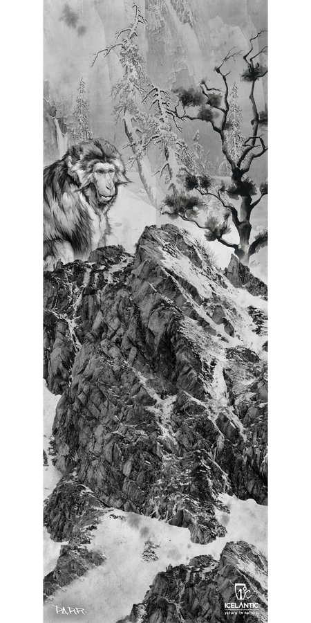 A detailed black and white depiction from Icelantic showcases a monkey perched on a rocky, snow-dusted mountain slope beside a bare tree with a misty backdrop. Perfect for fine art prints or as a giclee print on wrapped canvas, this 17/18 Vanguard 97 Fine Art Print features the Icelantic logo in the bottom right corner.