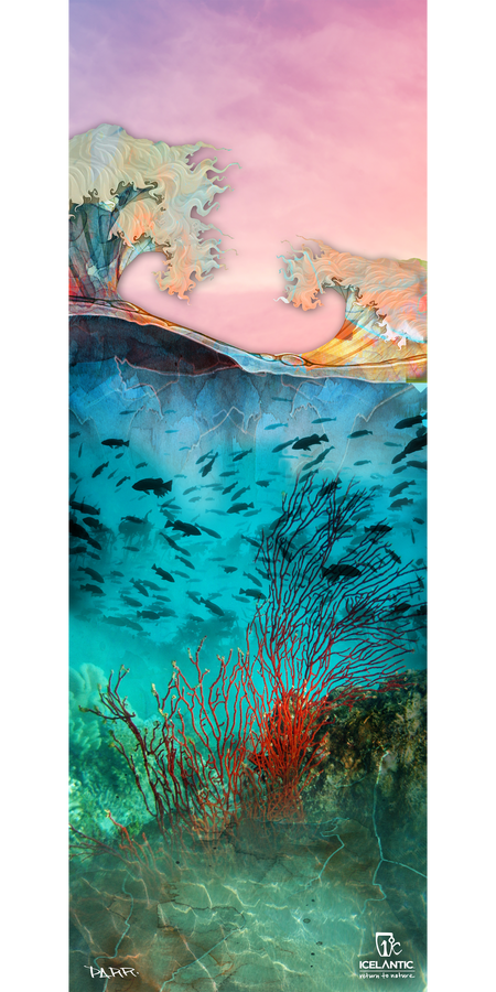 Vivid depiction of ocean waves above water and lively coral, fish, and seaweed below, artistically textured beneath a glowing sunset sky. The Icelantic 18/19 Maiden 101 Fine Art Print is available as a striking giclee print or wrapped canvas for enduring color and quality. Features the Icelantic logo and the 1% for the Planet emblem at the bottom.