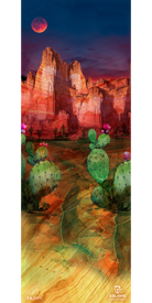 Experience a digital artwork of a desert landscape featuring vibrant red rock formations, cacti adorned with pink flowers, and a striking red moon set against a dark sky. The ground is colorful and richly textured. Available as the 18/19 Maiden 111 Fine Art Print by Icelantic, this piece is offered as fine art prints or wrapped canvas and includes the Icelantic brand logo and artist’s signature in the bottom right corner.