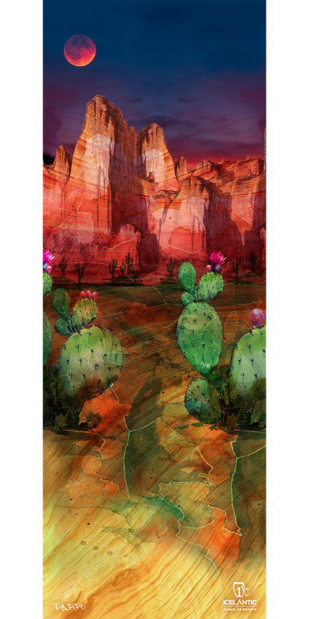 Experience a digital artwork of a desert landscape featuring vibrant red rock formations, cacti adorned with pink flowers, and a striking red moon set against a dark sky. The ground is colorful and richly textured. Available as the 18/19 Maiden 111 Fine Art Print by Icelantic, this piece is offered as fine art prints or wrapped canvas and includes the Icelantic brand logo and artist’s signature in the bottom right corner.