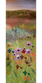 Vivid wildflowers bloom in a grassy field set against rolling green hills and a colorful sky in the background. The 18/19 Maiden 91 Fine Art Print by Icelantic is available as a signed giclee print, featuring the Icelantic logo at the bottom.