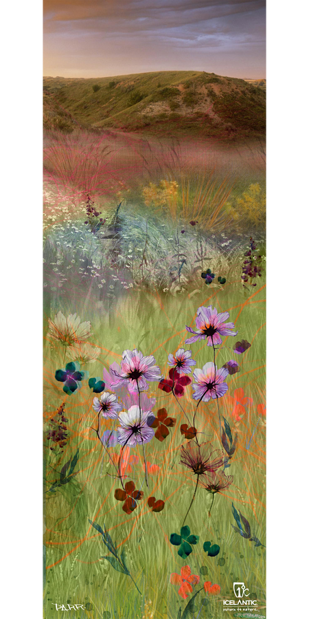 Vivid wildflowers bloom in a grassy field set against rolling green hills and a colorful sky in the background. The 18/19 Maiden 91 Fine Art Print by Icelantic is available as a signed giclee print, featuring the Icelantic logo at the bottom.