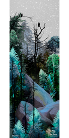 Snow blankets a forest of teal, green, and dark trees in this serene scene featured on the Icelantic 18/19 Nomad 105 Lite Fine Art Print. Bare black branches cradle two birds while large gray rocks nestle among the foliage, capturing a tranquil wintry atmosphere. Perfect as a stunning giclee print for your space or any fine art collection, this piece includes visible Icelantic logos in the bottom corners.
