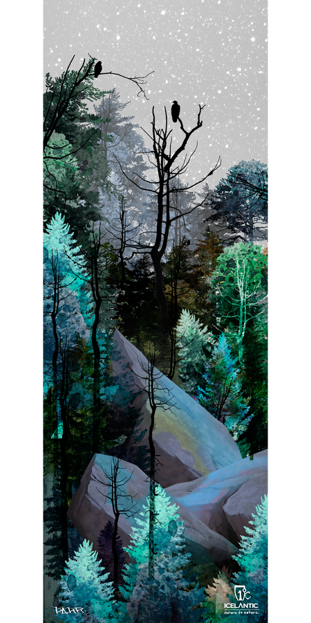 Snow blankets a forest of teal, green, and dark trees in this serene scene featured on the Icelantic 18/19 Nomad 105 Lite Fine Art Print. Bare black branches cradle two birds while large gray rocks nestle among the foliage, capturing a tranquil wintry atmosphere. Perfect as a stunning giclee print for your space or any fine art collection, this piece includes visible Icelantic logos in the bottom corners.
