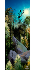 Bask in the radiant glow of sunlight illuminating a vibrant forest, where tall trees, rocks, and an eagle perched on a bare branch create a striking scene. Lush green, yellow, and orange foliage burst with color against the deep blue sky, capturing nature’s beauty in vivid detail. Perfect for bringing the outdoors inside, the Icelantic 18/19 Nomad 105 Fine Art Print is available as a giclee print on wrapped canvas—an exquisite choice for fine art lovers and nature enthusiasts alike.