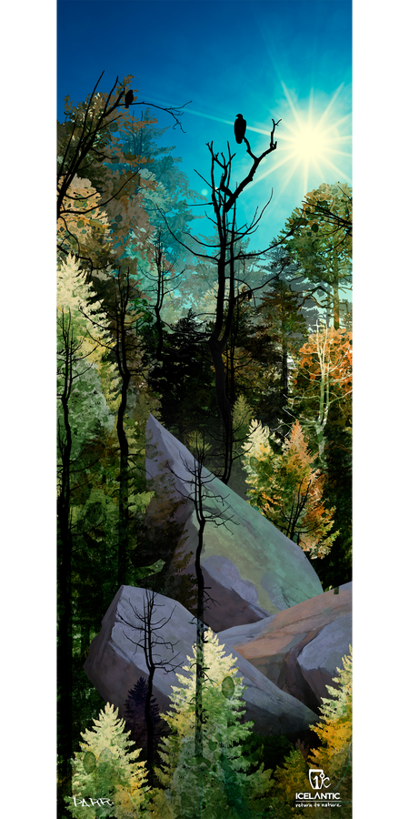 Bask in the radiant glow of sunlight illuminating a vibrant forest, where tall trees, rocks, and an eagle perched on a bare branch create a striking scene. Lush green, yellow, and orange foliage burst with color against the deep blue sky, capturing nature’s beauty in vivid detail. Perfect for bringing the outdoors inside, the Icelantic 18/19 Nomad 105 Fine Art Print is available as a giclee print on wrapped canvas—an exquisite choice for fine art lovers and nature enthusiasts alike.