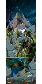 A tall, rocky mountain rises under a starry night sky, surrounded by pine trees and vibrant autumn foliage. At the base, a crystal-clear lake perfectly reflects the striking landscape. This stylized, painted scene is captured in vivid detail on the Icelantic 18/19 Nomad 115 Fine Art Print—a stunning piece of art designed to bring nature’s majesty into your space.