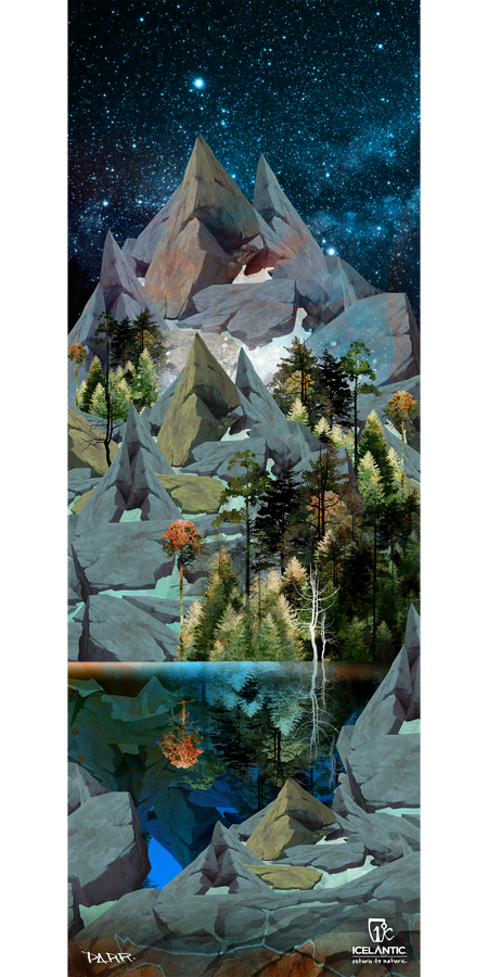 A tall, rocky mountain rises under a starry night sky, surrounded by pine trees and vibrant autumn foliage. At the base, a crystal-clear lake perfectly reflects the striking landscape. This stylized, painted scene is captured in vivid detail on the Icelantic 18/19 Nomad 115 Fine Art Print—a stunning piece of art designed to bring nature’s majesty into your space.