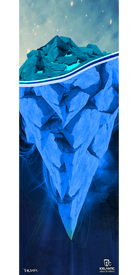Experience the captivating depth of the 18/19 Nomad 125 Fine Art Print by Icelantic—a stunning digital illustration of a massive iceberg with only its tip visible above tranquil water, while bold, angular blue ice extends deep beneath the surface. The softly glowing sky and water create a serene ambiance, making this fine art print an eye-catching statement piece for any space.