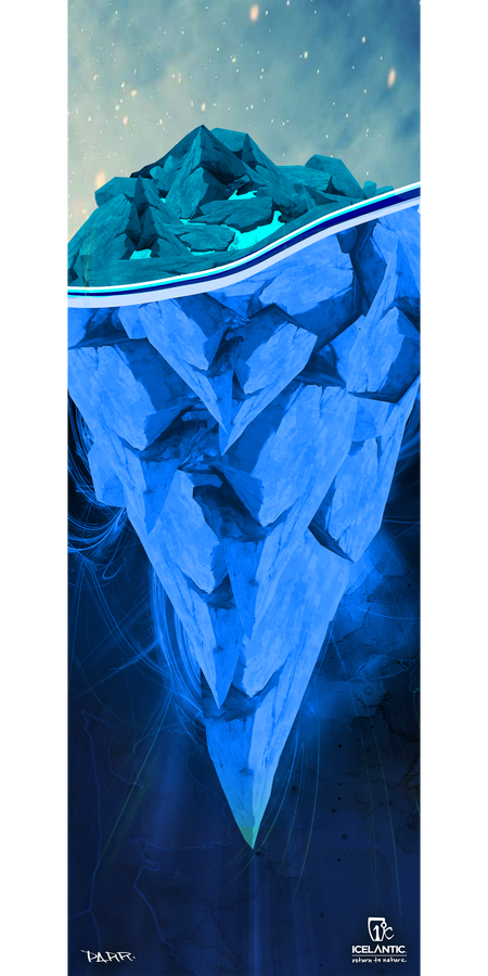 Experience the captivating depth of the 18/19 Nomad 125 Fine Art Print by Icelantic—a stunning digital illustration of a massive iceberg with only its tip visible above tranquil water, while bold, angular blue ice extends deep beneath the surface. The softly glowing sky and water create a serene ambiance, making this fine art print an eye-catching statement piece for any space.