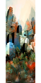A surreal cityscape featuring tall, modern buildings intertwined with trees and rocky terrain unfolds beneath misty mountains in the background. This abstract, layered composition uses vibrant colors and displays the Icelantic logo at the bottom, making the 18/19 Nomad 95 Fine Art Print by Icelantic a striking choice for wrapped canvas or fine art prints.