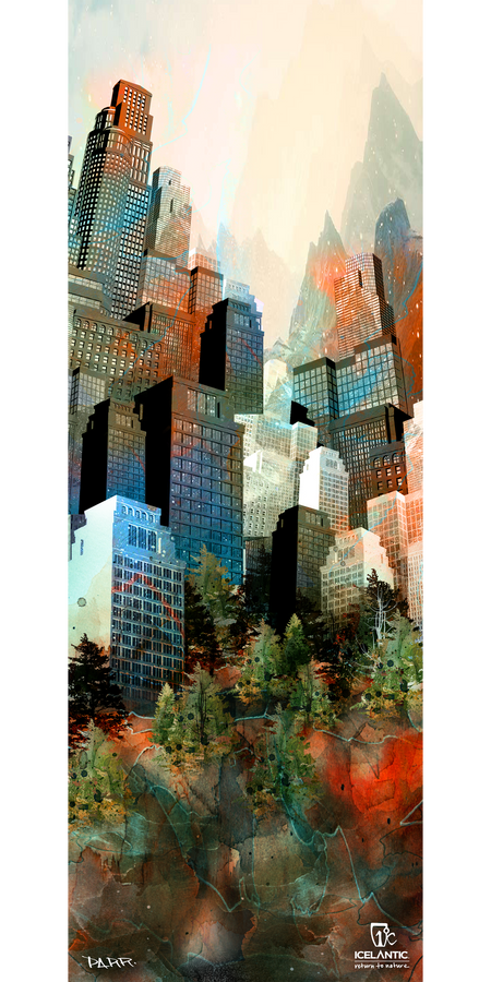 A surreal cityscape featuring tall, modern buildings intertwined with trees and rocky terrain unfolds beneath misty mountains in the background. This abstract, layered composition uses vibrant colors and displays the Icelantic logo at the bottom, making the 18/19 Nomad 95 Fine Art Print by Icelantic a striking choice for wrapped canvas or fine art prints.