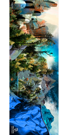 Experience the "18/19 Nomad Freeride Fine Art Print" by Icelantic—a striking vertical artwork that seamlessly blends a cityscape at the top, a lush forest in the center, and rocky blue terrain at the base. Urban, natural, and cosmic elements come together in vivid colors to create a captivating scene. Available as fine art prints or wrapped canvas, this piece is perfect for adding a vibrant touch to any space.