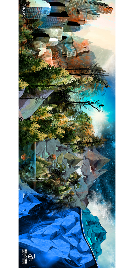Experience the "18/19 Nomad Freeride Fine Art Print" by Icelantic—a striking vertical artwork that seamlessly blends a cityscape at the top, a lush forest in the center, and rocky blue terrain at the base. Urban, natural, and cosmic elements come together in vivid colors to create a captivating scene. Available as fine art prints or wrapped canvas, this piece is perfect for adding a vibrant touch to any space.