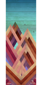 The 18/19 Oracle 100 Fine Art Print by Icelantic features overlapping geometric mountain shapes in a range of wood tones set against a turquoise wooden-plank sky, creating a striking composition perfect for fine art prints or wrapped canvas displays. The Icelantic logo is displayed in the lower right corner.