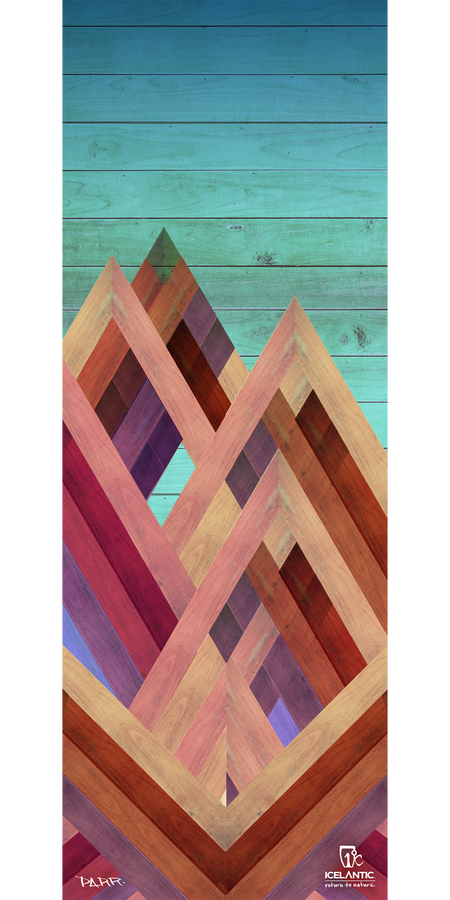 The 18/19 Oracle 100 Fine Art Print by Icelantic features overlapping geometric mountain shapes in a range of wood tones set against a turquoise wooden-plank sky, creating a striking composition perfect for fine art prints or wrapped canvas displays. The Icelantic logo is displayed in the lower right corner.