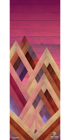Presenting the 18/19 Oracle 88 Fine Art Print from Icelantic: features geometric, overlapping wooden mountain shapes set against a pink-painted wooden plank background, available as a fine art print or wrapped canvas, complete with the Icelantic logo and artist’s signature at the bottom.