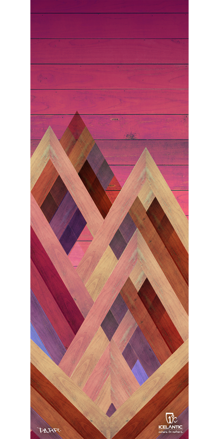 Presenting the 18/19 Oracle 88 Fine Art Print from Icelantic: features geometric, overlapping wooden mountain shapes set against a pink-painted wooden plank background, available as a fine art print or wrapped canvas, complete with the Icelantic logo and artist’s signature at the bottom.