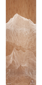 A white wireframe mountain landscape is layered over a wooden background, fusing natural and digital aesthetics. Presented as the 18/19 Pioneer 109 Fine Art Print by Icelantic, this wrapped canvas giclee artwork brings together modern technology and fine art sensibility. Small Icelantic logos and text are displayed in the lower corners.