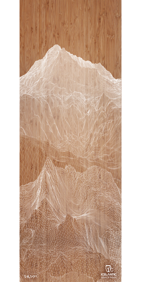 A white wireframe mountain landscape is layered over a wooden background, fusing natural and digital aesthetics. Presented as the 18/19 Pioneer 109 Fine Art Print by Icelantic, this wrapped canvas giclee artwork brings together modern technology and fine art sensibility. Small Icelantic logos and text are displayed in the lower corners.