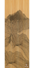 Artistic rendering of mountains on a wooden background, with dark lines creating a geometric wireframe overlay that fuses natural landscape with digital grid patterns. Available as the 18/19 Pioneer 96 Fine Art Print from Icelantic, this piece captures the harmony between nature and technology. The Atlantic logo is displayed in the bottom right corner.